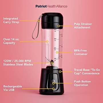 PATRIOT HEALTH ALLIANCE Patriot Power Blender, Portable, Cord-Free USB Rechargeable Mini Blender, Make Smoothies, Protein Shakes, Slushies for Kids & Margaritas On-The-Go, Gym, Camping