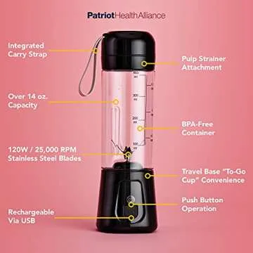 PATRIOT HEALTH ALLIANCE Patriot Power Blender, Portable, Cord-Free USB Rechargeable Mini Blender, Make Smoothies, Protein Shakes, Slushies for Kids & Margaritas On-The-Go, Gym, Camping