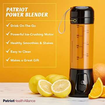 PATRIOT HEALTH ALLIANCE Patriot Power Blender, Portable, Cord-Free USB Rechargeable Mini Blender, Make Smoothies, Protein Shakes, Slushies for Kids & Margaritas On-The-Go, Gym, Camping