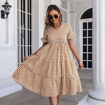 OTBK Casual Plaid Beach Dress Short Sleeve V-Neck Style