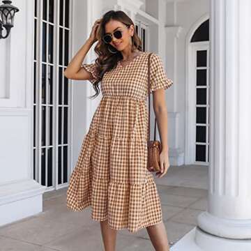 OTBK Casual Plaid Beach Dress Short Sleeve V-Neck Style