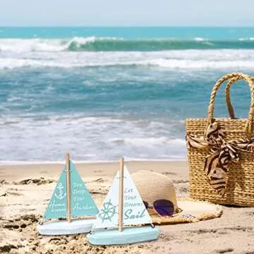 Wooden Nautical Decoration-Beach Decor - Handcrafted Sailing Boat Ornaments Cute Sailboat Models Easy to Decorate Suitable for Home Bedroom Office Bathroom Desktop Decoration 2 Pcs