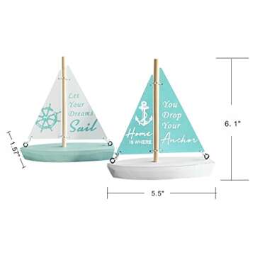 Wooden Nautical Decoration-Beach Decor - Handcrafted Sailing Boat Ornaments Cute Sailboat Models Easy to Decorate Suitable for Home Bedroom Office Bathroom Desktop Decoration 2 Pcs