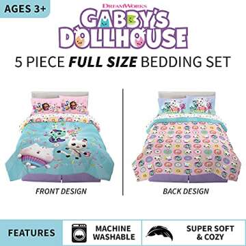 DreamWorks Gabby's Dollhouse Cakey, MerCat And Pandy Kids Bedding Super Soft Comforter And Sheet Set, 5 Piece Full Size, By Franco.