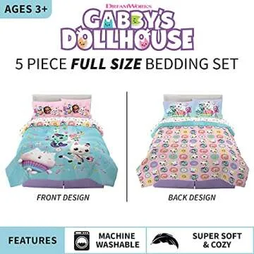 DreamWorks Gabby's Dollhouse Cakey, MerCat And Pandy Kids Bedding Super Soft Comforter And Sheet Set, 5 Piece Full Size, By Franco.