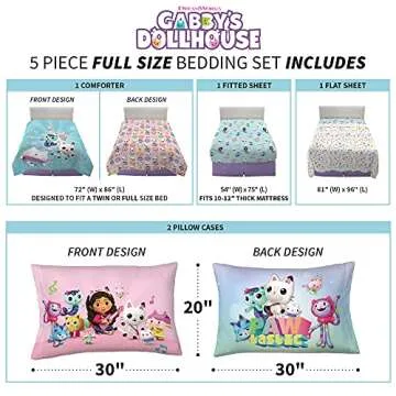 DreamWorks Gabby's Dollhouse Cakey, MerCat And Pandy Kids Bedding Super Soft Comforter And Sheet Set, 5 Piece Full Size, By Franco.
