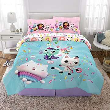 DreamWorks Gabby's Dollhouse Cakey, MerCat And Pandy Kids Bedding Super Soft Comforter And Sheet Set, 5 Piece Full Size, By Franco.