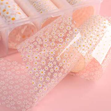 UARUOGP 10 Rolls Mix Size White Sun Flower Transfer Foils Nail Art Supplies Set Mini Flower Nails Decals Stickers for Art Designer Spring Summer Floral Theme Nail Foil Transfer Sheets