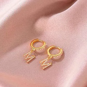 MEVECCO 18K Gold Filled Gold CZ Pave M Initial Drop Huggie Earrings Diamond Cut Cubic Zircon Inlayed Letter Dangle Charm Initial Huggie Hoop Earrings Personalized Dainty Tiny Symbolic Jewelry