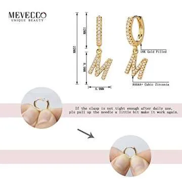 MEVECCO 18K Gold Filled Gold CZ Pave M Initial Drop Huggie Earrings Diamond Cut Cubic Zircon Inlayed Letter Dangle Charm Initial Huggie Hoop Earrings Personalized Dainty Tiny Symbolic Jewelry