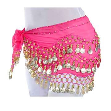 Lauthen.S 128 Coins Belly Dance Hip Scarf Tribal Belt Halloween Genie Costume Accessory Hot Pink