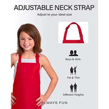 ONEOMI Kids Apron, Medium, 100% Cotton With An Adjustable Strap to fit All Ages, Ideal for Cooking, Baking, Painting, Decorating, Party, Chef, Art and Classroom Children Apron (1, Red)
