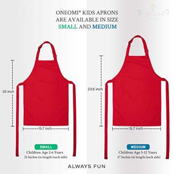ONEOMI Kids Apron, Medium, 100% Cotton With An Adjustable Strap to fit All Ages, Ideal for Cooking, Baking, Painting, Decorating, Party, Chef, Art and Classroom Children Apron (1, Red)