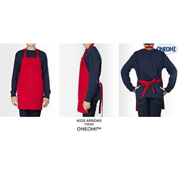 ONEOMI Kids Apron, Medium, 100% Cotton With An Adjustable Strap to fit All Ages, Ideal for Cooking, Baking, Painting, Decorating, Party, Chef, Art and Classroom Children Apron (1, Red)