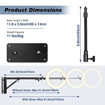 iFongsh 51"/130cm Adjustable Wall Mount Triangle Boom Arm with 9.8"/25cm Metal Flexible Tube Arm, Su...