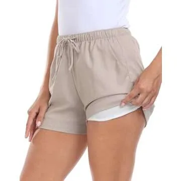 HDE Women's Linen Blend Drawstring Shorts High Waisted 4" Inseam Summer Shorts Gray Beige - S