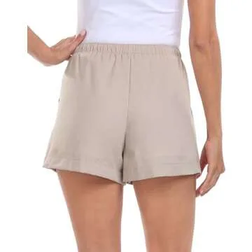 HDE Women's Linen Blend Drawstring Shorts High Waisted 4" Inseam Summer Shorts Gray Beige - S