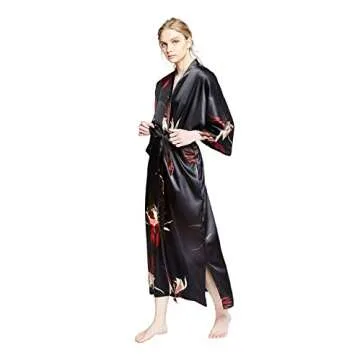 OLDSHANGHAI Women's Satin Kimono Robe Long - Floral - Hana - Black, Satin Kimono Robes for Women with Floral Designs, 52 inches in Length, One Size Fits Most.