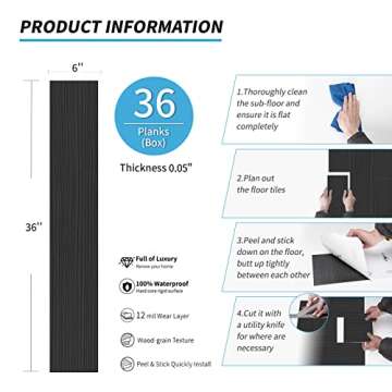 Art3d 36-Pack 54 Sq.ft Peel and Stick Floor Tiles Vinyl Plank Flooring Wood Look, Adhesive and Waterproof Tile Sticker for Bedroom, Living Room, Kitchen, RV in Black