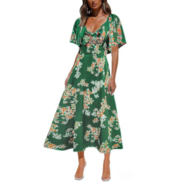 Fashionme Womens Dresses 2024 Maxi Dresses Deep V Neck Elegant Bow Tie Front Short Sleeve Summer Cas...