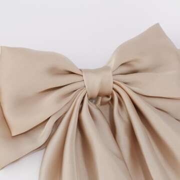 3Pcs Silky Satin Hair Bows for Women, Large Hair Barrettes, French Cute Hair Clips with Long Tails, Mexican Accessories (Beige, Khaki, Black)