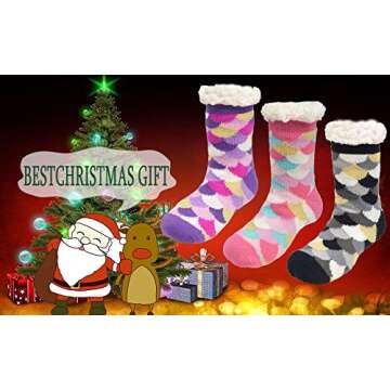 Winter Kids Fuzzy Slipper Socks Girls Thermal Warm Non-Skid 6-8 Mermaid Home Socks Holiday Cabin Soft Thick Fluffy Sherpa Fleece Lined, Gifts for Christmas Stocking Stuffers for Children