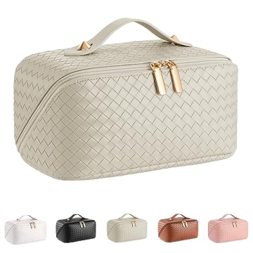 ALEXTINA Large Capacity Travel Cosmetic Bag - PU Leather Makeup Organizer Bag Portable Woven Makeup ...