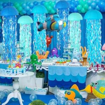 ADLKGG Blue Hanging Jelly Fish Paper Lanterns, Gradient Colorful Paper Lanterns for Mermaid Theme Pa...