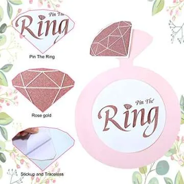16 Pieces Bridal Shower Game Set Pin The Diamond on The Ring Hen Party Game Bride Game Rose Gold Game Bridal Shower Game for Girls Women (1 Ring Card and 15 Diamond Card)