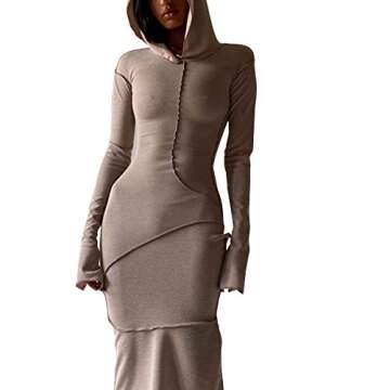 LuFeng Women's Sexy Long Sleeve Bodycon Solid Hoodie Patchwork High Waist Long Dress Coffee