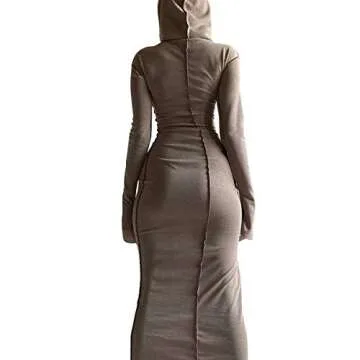 LuFeng Women's Sexy Long Sleeve Bodycon Solid Hoodie Patchwork High Waist Long Dress Coffee