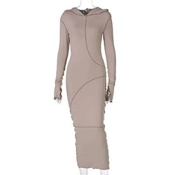 LuFeng Women's Sexy Long Sleeve Bodycon Solid Hoodie Patchwork High Waist Long Dress Coffee