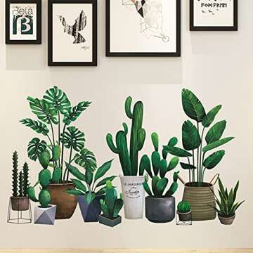 Green Pot Plants Leaves Wall Decals, Monstera Cactus Bonsai Tropical Potted Plants Wall Stickers, Re...