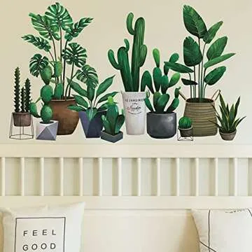 Decorative Green Pot Plants Leaves Wall Decals for Home