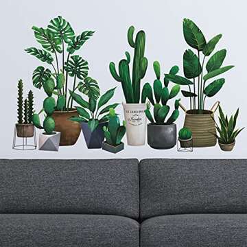 Decorative Green Pot Plants Leaves Wall Decals for Home