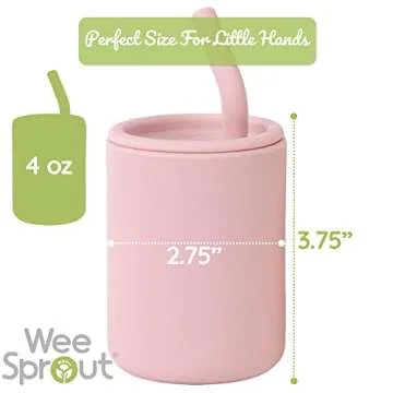 WeeSprout Silicone Baby Cups With Straws and Lids, 4 & 8 oz Options, Set of 2, Food Grade Toddler Training Container, Built In Straw Stoppers, Measurement Markings, Dishwasher Safe + Straw Cleaner