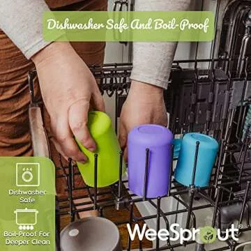 WeeSprout Silicone Baby Cups With Straws and Lids, 4 & 8 oz Options, Set of 2, Food Grade Toddler Training Container, Built In Straw Stoppers, Measurement Markings, Dishwasher Safe + Straw Cleaner