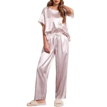 Ekouaer Silk Pajama Set Womens Soft Sleepwear Satin Pant Set Soft Loungewear Set Pijamas De Mujer Cute Pjs for Women Set Pink L