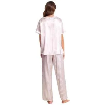 Ekouaer Silk Pajama Set Womens Soft Sleepwear Satin Pant Set Soft Loungewear Set Pijamas De Mujer Cute Pjs for Women Set Pink L