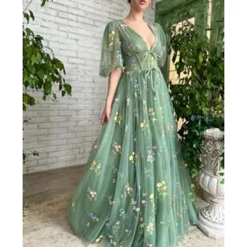 Elegant Long Sleeve Flower Embroidery Tulle Prom Dress