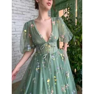 Elegant Long Sleeve Flower Embroidery Tulle Prom Dress