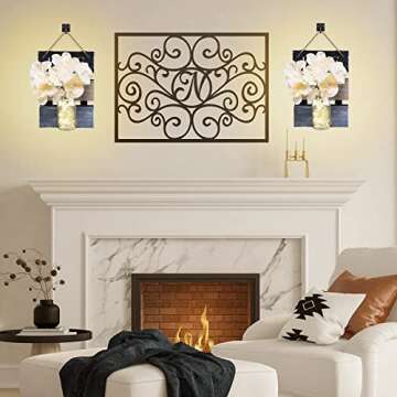Dailyart Mason Jar Sconces Wall Decor, Rustic Mason Jar Wall Sconce Hanging Mason Jar Sconces with LED Fairy Lights, Farmhouse Wall Decor Country Decorations for Home, Set of 2