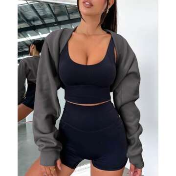 Zwurew Bolero Shrug Dark Grey Sweatshirts Long Sleeve Workout Tops for Women 2024 Shrugs Y2K Clothes Gym Shrug