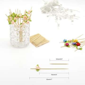 Minisland Pink Rose Flower Cocktail Picks, 4.7 Inch Long Bamboo Fancy Toothpicks for Appetizers, Dec...
