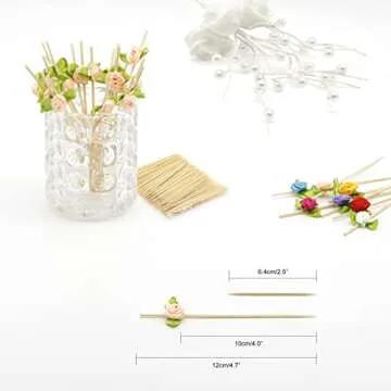 Minisland Pink Rose Flower Cocktail Picks, 4.7 Inch Long Bamboo Fancy Toothpicks for Appetizers, Dec...