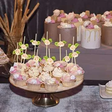 Minisland Pink Rose Flower Cocktail Picks, 4.7 Inch Long Bamboo Fancy Toothpicks for Appetizers, Decorative Bridal Shower Wedding Valentines Party Food Drinks Fruit Skewer Sticks 100 Counts - MSL222