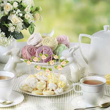 Minisland Pink Rose Flower Cocktail Picks, 4.7 Inch Long Bamboo Fancy Toothpicks for Appetizers, Decorative Bridal Shower Wedding Valentines Party Food Drinks Fruit Skewer Sticks 100 Counts - MSL222