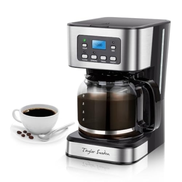 Taylor Swoden 12-Cup Programmable Coffee Maker, Regular & Strong Brew Drip Coffee Machine for Home a...