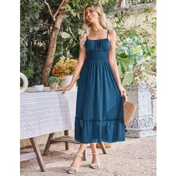 GRACE KARIN Women Beach Dress Summer Sleeveless Spaghetti Strap Cami Dress Flowy Ruffle Hem Beach Long Maxi Dress with Pockets Blue S