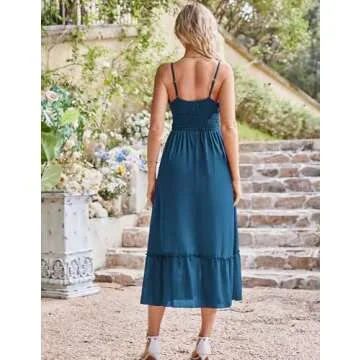 GRACE KARIN Women Beach Dress Summer Sleeveless Spaghetti Strap Cami Dress Flowy Ruffle Hem Beach Long Maxi Dress with Pockets Blue S